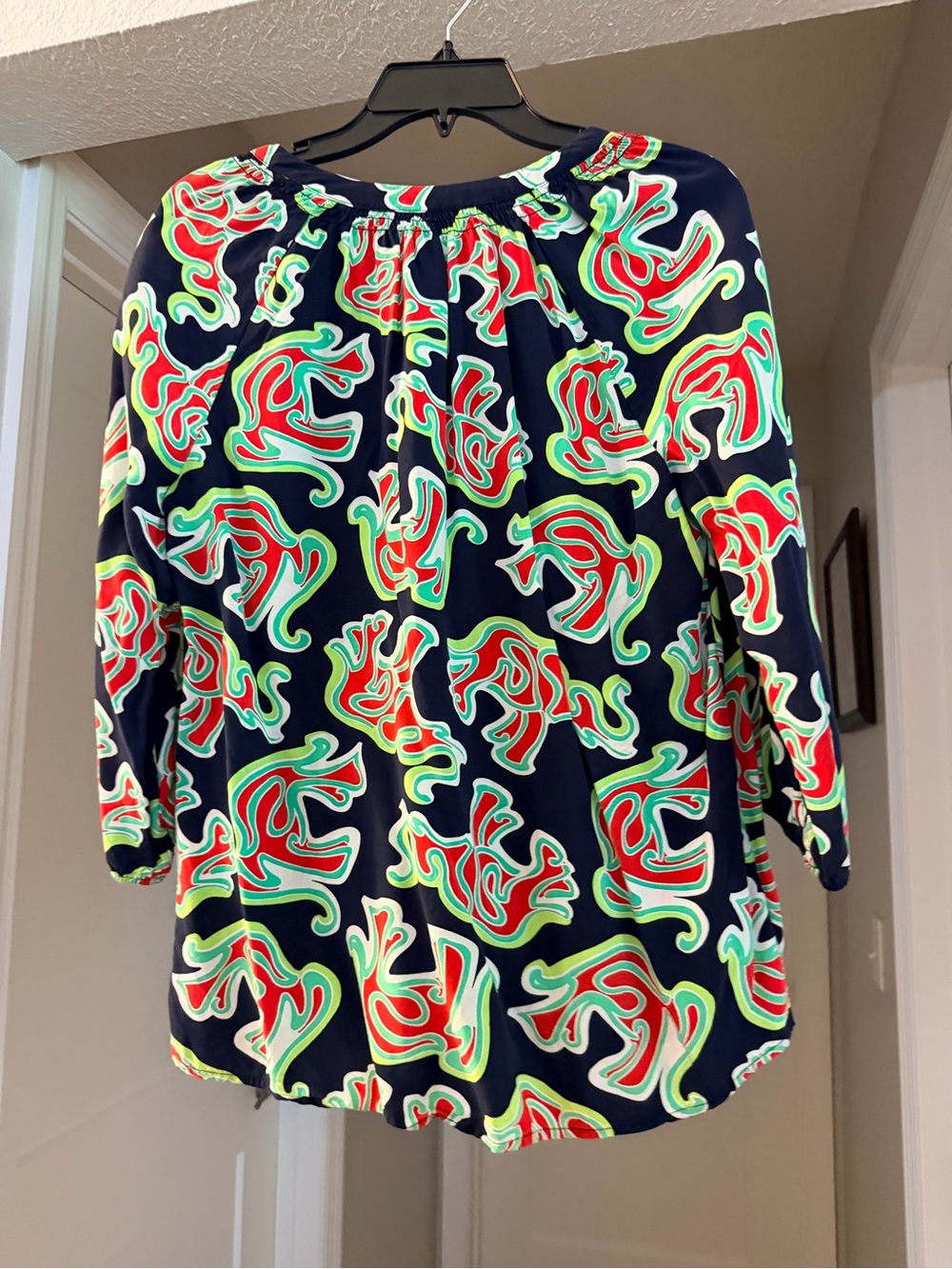 Womens Navy Elephant Print Peasant Blouse - Multicolor - Picture 2 of 2